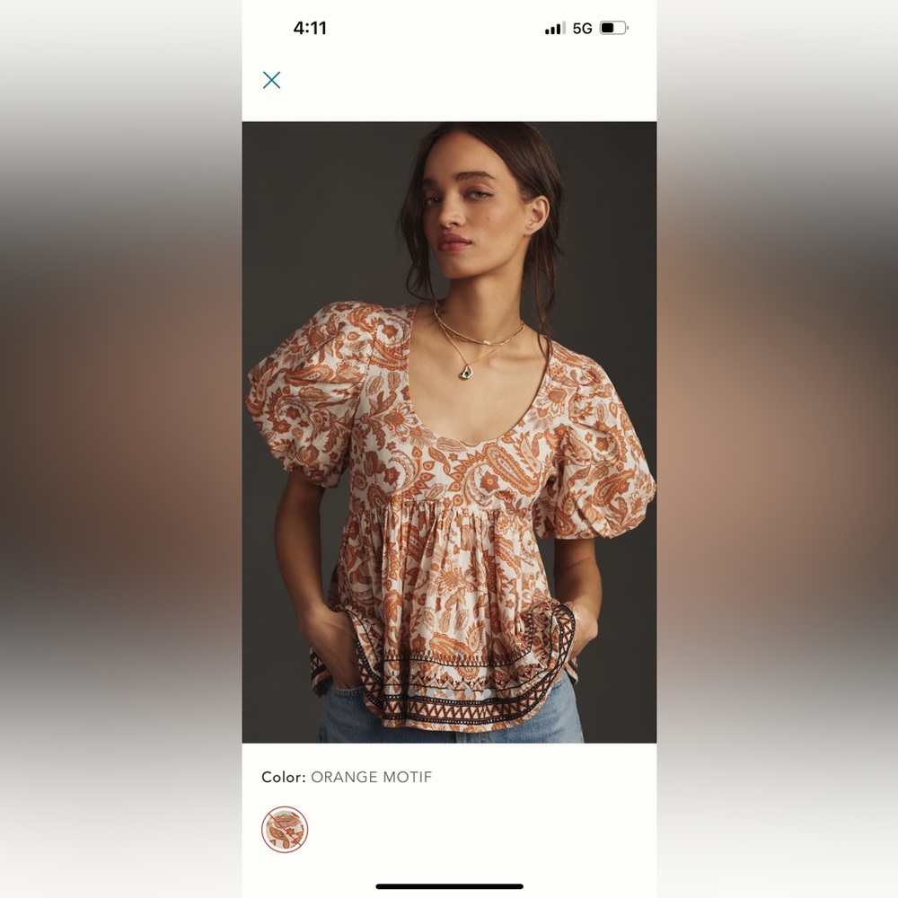 By Anthropologie Puff-Sleeve Babydoll Blouse in size XL